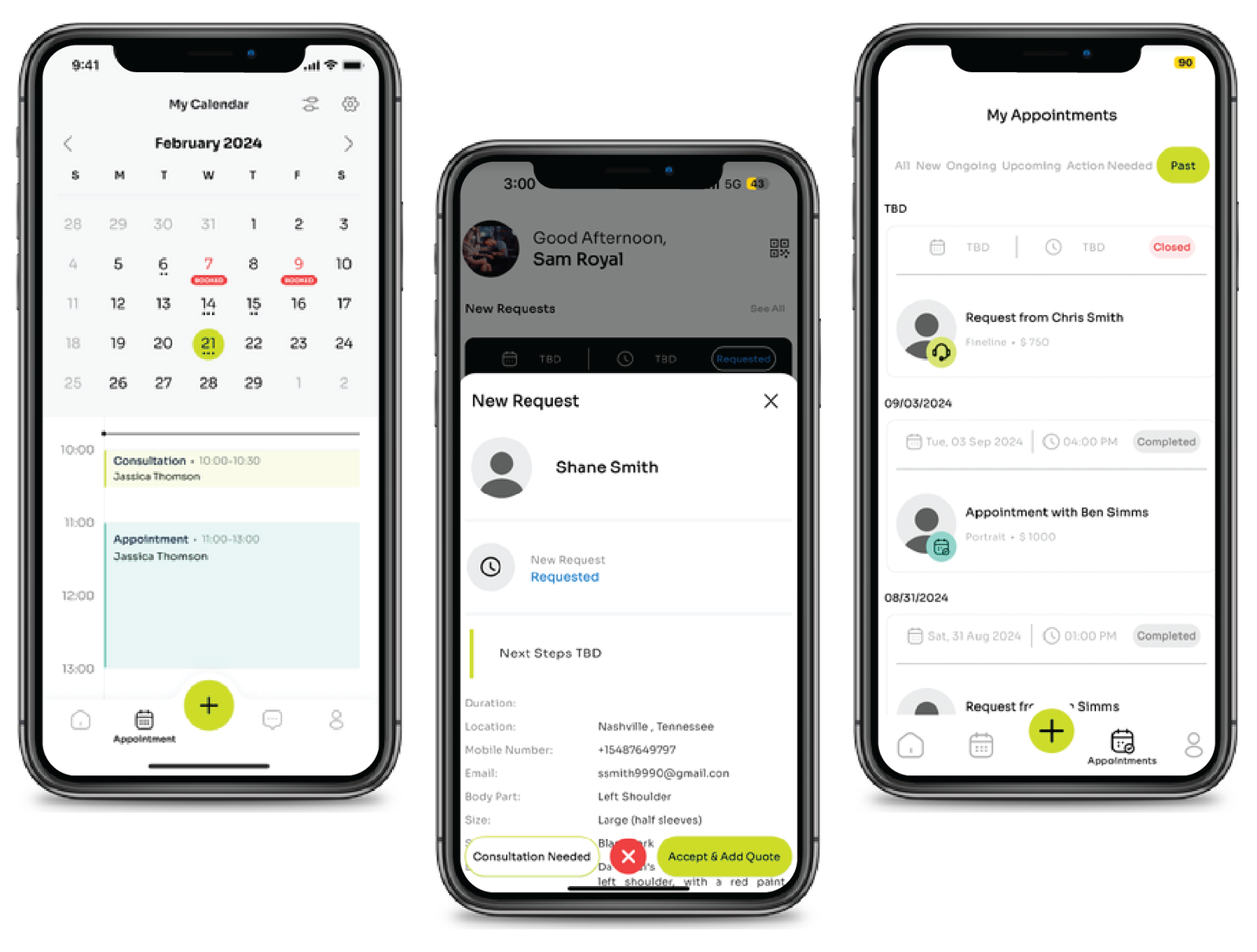 Tap app calendar, appointment request, and appointments list screens
