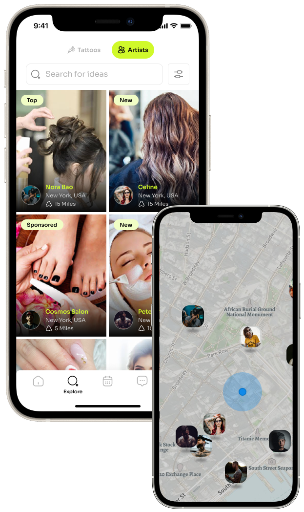 Tap Salon & Spa professional discovery and map preview on phone screens