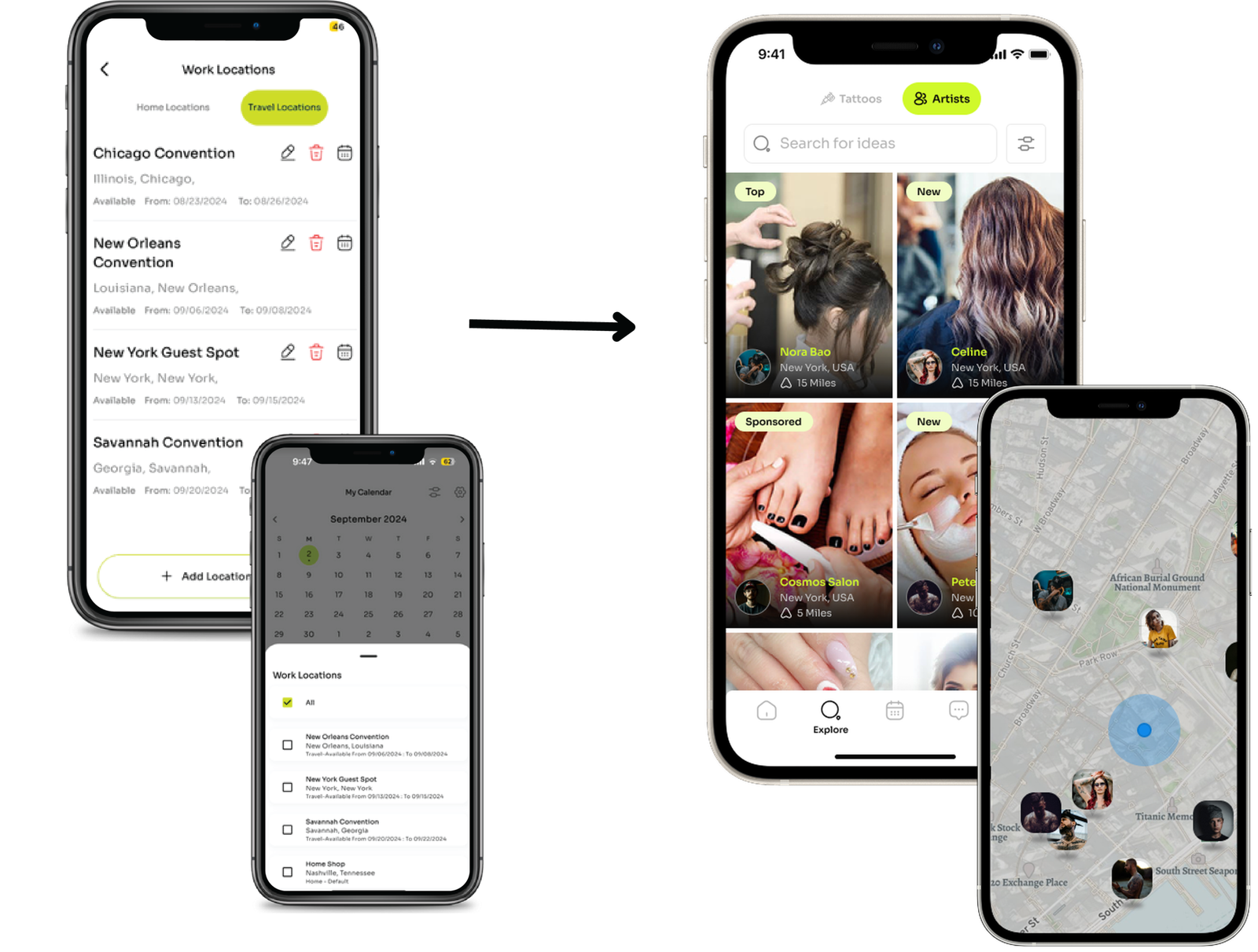 Work locations and calendar syncing to the Tap Salon & Spa explore and map screens