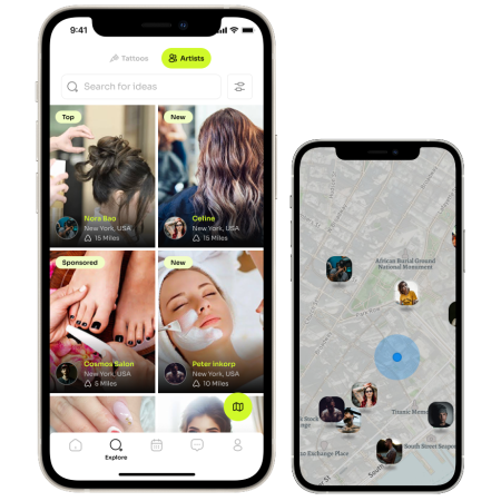 Tap app Explore screen showing professional listings and map view
